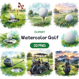 Può includere: Una collezione di illustrazioni ad acquerello a tema golf, tra cui palline da golf su tee, palline che entrano in buche con bandiere, una mazza da golf, un golf cart e una sacca da golf, con il testo "CLIPART Watercolor Golf 33 PNG".