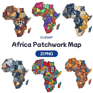 May include: A collection of six colorful patchwork maps of Africa. Each map is composed of various fabric patterns and colors, including blue, red, yellow, and green. The image includes the text "Africa Patchwork Map" and "21 PNG".