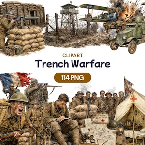Op de afbeelding: Een digitale clipartcollectie getiteld Trench Warfare met 114 PNG-bestanden. De afbeeldingen bevatten soldaten in uniform, zandzakversterkingen, een dubbeldekker, een militair voertuig, een medische hulpposttent en diverse scènes van het slagveld.