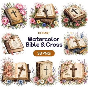 Può includere: Una collezione di illustrazioni ad acquerello raffiguranti bibbie antiche e croci di legno circondate da vivaci composizioni floreali di peonie rosa, margherite e lavanda. Il testo centrale recita CLIPART Watercolor Bible & Cross 38 PNG.