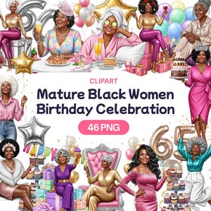 Rijpe zwarte vrouwen verjaardagsviering clipart, Happy Bday Queen, Afro-Amerikaanse oma PNG, leuke senior oma, licentie commercieel gebruik