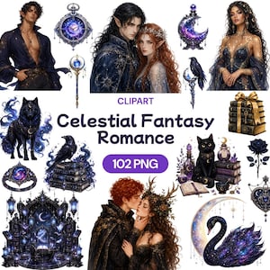 Puede incluir: Una colección de imágenes prediseñadas digitales titulada Celestial Fantasy Romance con 102 archivos PNG. El conjunto incluye ilustraciones de parejas de fantasía, un lobo negro, un cisne negro, cuervos, relojes, pociones y libros.