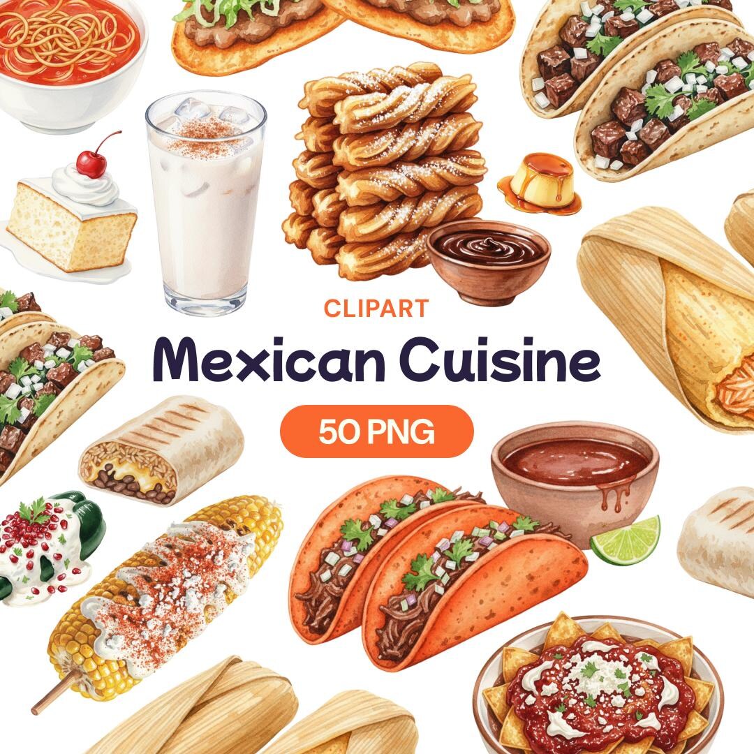 Mexican Cuisine Clipart, Watercolor Food PNG, Taco Tuesday Bundle ...