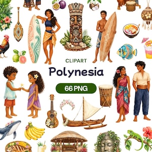 Puede incluir: Una colección digital de ilustraciones con temática polinesia que incluye personas, tablas de surf, una estatua tiki, un barco de madera, un ukelele, frutas tropicales, flores, un tambor, una choza, una ballena, un lagarto y un pez.
