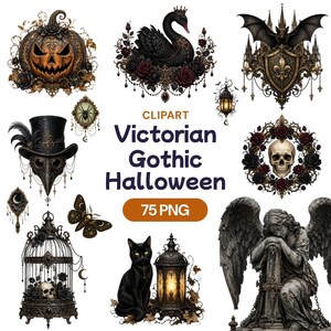 Peut inclure: Une collection numérique de cliparts Halloween gothique victorien comprenant une citrouille, un cygne noir, un blason chauve-souris, un masque de médecin de peste, une couronne de crâne, une cage avec crâne, un chat noir, une lanterne et une statue d'ange avec le texte CLIPART Victorian Gothic Halloween 75 PNG.