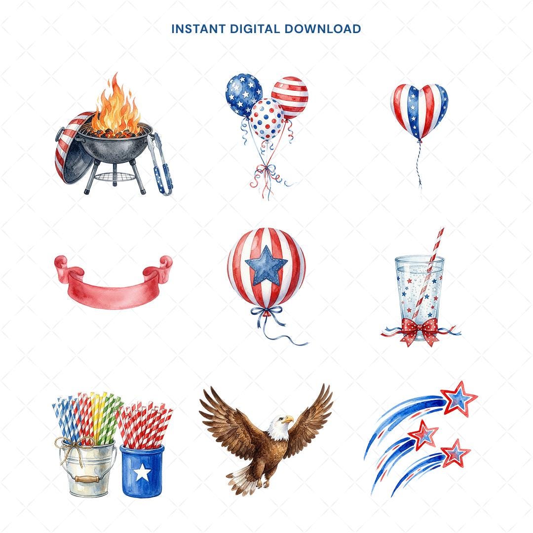 Watercolor 4th of July Clipart, Patriotic Summer PNG, Independence Day ...