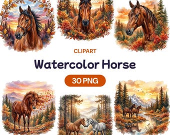 Imágenes prediseñadas de caballo otoñal en acuarela, 30 PNG, paisaje ecuestre otoñal, animal rústico del bosque, arte de mustang salvaje, diseño de sublimación campestre