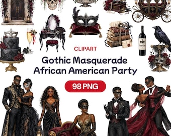 African American Gothic Masquerade Clipart, Dark Vampire Ball PNG, Spooky Romance Decor