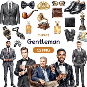 Puede incluir: Ilustración en acuarela de accesorios y vestimenta de caballero. Incluye un traje, pajarita, anillo, gafas, zapatos, reloj, pipa, gramófono, perfume, cartera, guantes y una pieza de ajedrez. Se muestra la palabra "Gentleman".