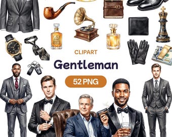 Gentleman Clipart, Men Fashion PNG, Watercolor Suit Graphic, Fathers Day Art, Masculine Groom Decor, Stylish Male