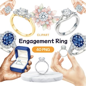 May include: A collection of watercolor engagement rings in various styles, including gold, silver, and rose gold bands. Some rings feature diamonds, while others have blue gemstones. The image includes the text "Engagement Ring" and "40 PNG".