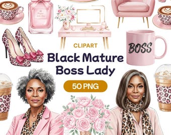 Black Mature Boss Lady Clipart, 50 Senior African American PNG, Pink Leopard Business Graphics, Grey Hair Career Woman, Office Glam Art