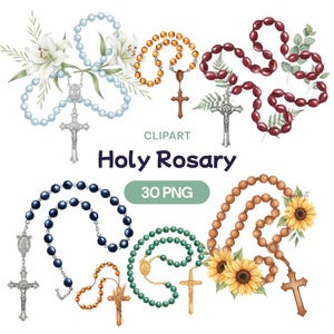 May include: A collection of watercolor clip art images featuring various rosaries. The rosaries are in different colors, including blue, gold, and brown, and are adorned with crosses and floral accents. The text "Holy Rosary" and "30 PNG" are also present.