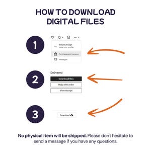 May include: A white graphic with instructions on how to download digital files. The steps are numbered and include screenshots with orange arrows pointing to the download options. The text at the top says "HOW TO DOWNLOAD DIGITAL FILES".