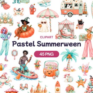 Pastellfärgad sommarklipart, rosa Halloween-strand PNG-paket, läskig spöksurfkonst