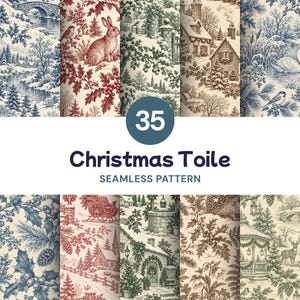 May include: A collection of 35 Christmas Toile seamless patterns featuring monochromatic illustrations of winter landscapes, snowy cottages, rabbits, birds, holly, and festive decorations in shades of blue, red, and brown on a cream background.