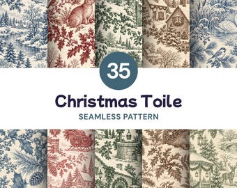 May include: A collection of 35 Christmas Toile seamless patterns featuring monochromatic illustrations of winter landscapes, snowy cottages, rabbits, birds, holly, and festive decorations in shades of blue, red, and brown on a cream background.
