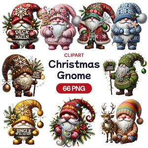 Clipart de gnomos navideños, lindo conjunto PNG de enanos de invierno con acuarela para jardín, paquete digital de enanos con letreros, obsequios festivos, licencia de uso comercial