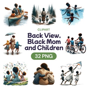 Clipart noir maman et enfants, jolie femme afro-américaine aquarelle, graphiques PNG Transparents, bonne fête des mères, licence d'utilisation commerciale