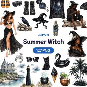 May include: A digital clipart collection titled Summer Witch 127 PNG featuring various gothic summer elements including a witch in a black bikini and skirt, a black cat, a lighthouse, a black swan pool float, a cauldron, and palm trees.