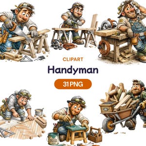 May include: A digital clipart set featuring a cartoon handyman in various poses, working with wood and tools. The image includes the text "CLPART Handyman 31 PNG" in a bold font, with the handyman wearing work clothes and a tool belt.