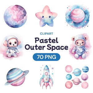 Clipart pastello sullo spazio esterno, pacchetto PNG trasparente con stelle acquerello carine, razzo spaziale astronauta Kawaii, planetario, licenza per uso commerciale