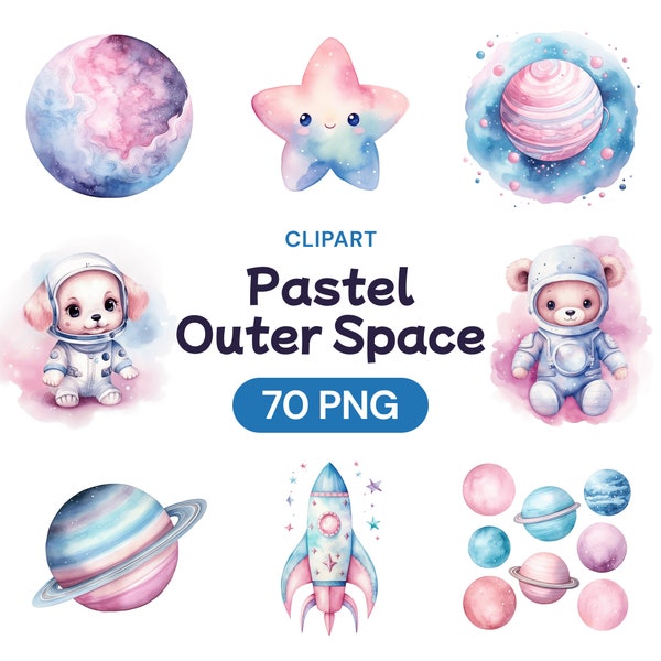 Pastel Outer Space Clipart, Cute Watercolor Stars Transparent PNG Bundle, Kawaii Astronaut Rocket Ship, Planetarium, Commercial Use License