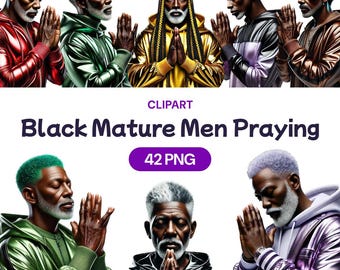 Black Mature Men Praying Clipart, Watercolor African American Religious