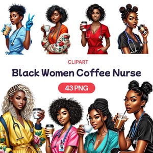 Czarne kobiety Pielęgniarka Kawa Clipart, Słodka Akwarela Afroamerykańska Opieka Zdrowotna PNG, Gorący Frappe Kofeina Espresso Miłośnik Użytku Komercyjnego Licencja