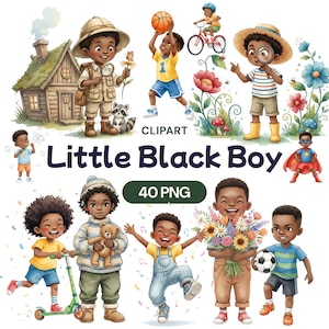 May include: A digital clipart set featuring illustrations of Black boys in various activities. The images include a boy with a magnifying glass, a boy playing basketball, and a boy riding a bicycle. The text "Little Black Boy" and "40 PNG" are also included.
