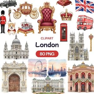 London Clipart, 80 brittiska PNG, akvarell stadsresor, Royal Guard Corgi, Big Ben Tower Bridge, röd busstelefonkiosk, taxikonst