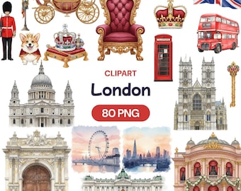 Watercolor London Clipart, UK Travel, Big Ben, Corgi (80 PNG Images)