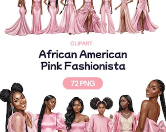 African American Pink Fashionista Clipart – 72 PNG Black Women Illustrations, Afro Hairstyles, Printable Stylish Digital Art Set