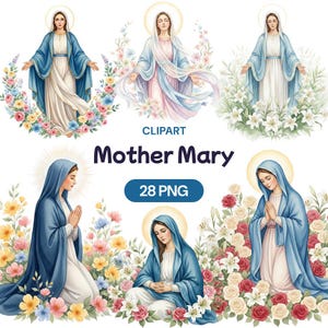 Puede incluir: Una colección de imágenes prediseñadas de acuarela que representan a la Virgen María. Cada imagen muestra a María con una túnica azul, rodeada de flores y un halo dorado. También se incluye el texto "Mother Mary" y "28 PNG".
