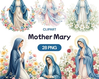 Mother Mary Clipart, 28 Watercolor Virgin Mary PNG, Catholic Saint, Immaculate Conception, Holy Family, Floral, Rosary, Baptism Art