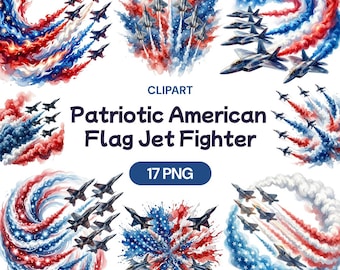 Imágenes prediseñadas de aviones de combate patrióticos, bandera estadounidense en acuarela con humo PNG, gráficos de aviación del 4 de julio, arte de espectáculos aéreos, ilustración de avión militar