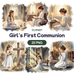 Könnte beinhalten: Ein digitales Clipart-Set mit sechs Aquarellillustrationen der Erstkommunion eines Mädchens. Die Bilder zeigen ein junges Mädchen in einem weißen Kleid, das in einer Kirche kniet, betet oder liest. Der Text enthält "Girl's First Communion" und "25 PNG".