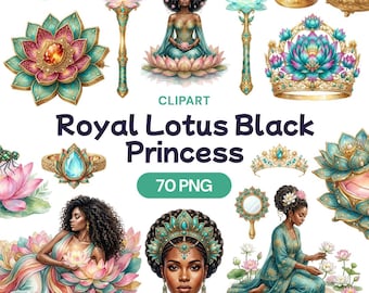 Imágenes prediseñadas de princesa negra Royal Lotus, PNG de reina de fantasía, gráfico de cuento de hadas mágico, arte afroamericano elegante, decoración de corona majestuosa