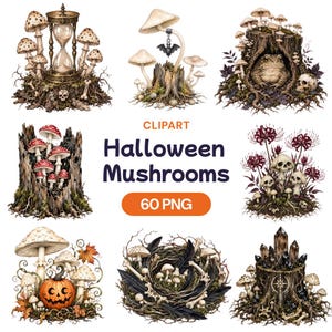 Peut inclure: Une collection numérique de cliparts sur le thème d'Halloween avec des champignons, des crânes, un crapaud, une citrouille, des cristaux et un sablier. Le texte indique CLIPART Halloween Mushrooms 60 PNG. Ces illustrations représentent des scènes.