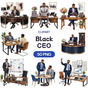 May include: A collection of digital clipart featuring a Black CEO in various professional office settings, including desks, chairs, laptops, and charts. The text reads CLIPART Black CEO 50 PNG, showcasing diverse business scenes with professional attire.