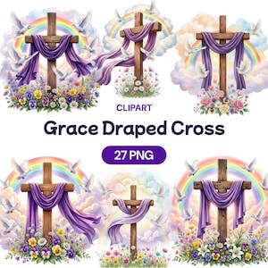 Pode incluir: Conjunto de clipart em aquarela com uma cruz de madeira drapeada com tecido roxo, rodeada por flores, pombas e arco-íris. O texto "Grace Draped Cross" e "27 PNG" também está incluído.