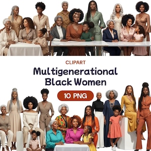 Puede incluir: Ilustración digital que muestra un grupo de mujeres negras de diferentes edades, vestidas con varios atuendos. La imagen incluye el texto "Multigenerational Black Women" y "10 PNG". Las mujeres posan en un estudio.