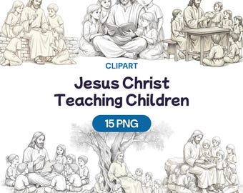 Jesus Christ Teaching Children Clipart, 15 Line Art PNG, Sunday School, Christian Religious Art, Bible Story Sketch Illustration