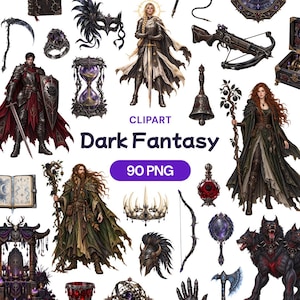 Op de afbeelding: Een verzameling digitale dark fantasy cliparts met personages in harnas, een driekoppige hond, wapens, een kroon, een zandloper, een bel, een toverdrankflesje, een spiegel en boeken. De tekst luidt CLIPART Dark Fantasy 90 PNG op een witte achtergrond.