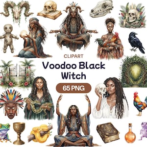 May include: A digital clipart collection titled "Voodoo Black Witch" featuring various illustrations. The images include a woman, skulls, a rooster, a crow, a snake, and other mystical elements. The collection contains 65 PNG files.