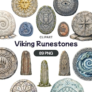 May include: A collection of digital illustrations featuring various stone-like objects with carved symbols, animals, and mythical creatures. The text reads CLIPART Viking Runestones 89 PNG. The designs include a sun, owl, dragon, fox, bear, and sword.