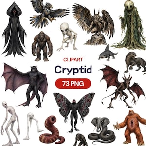Może przedstawiać: Cyfrowa kolekcja 73 plików clipart PNG przedstawiających różne kryptydy i mityczne stworzenia, w tym ciemną postać w kapturze, istotę przypominającą ćmę z czerwonymi oczami, wielką brązową małpę oraz stworzenie przypominające robaka.