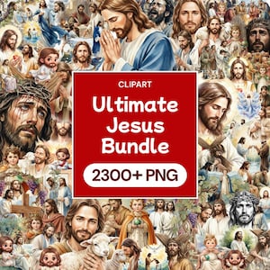 May include: A digital collection of religious illustrations featuring various depictions of Jesus, including portraits, scenes with lambs, and stylized figures. A central red square contains the white text CLIPART Ultimate Jesus Bundle 2300+ PNG.