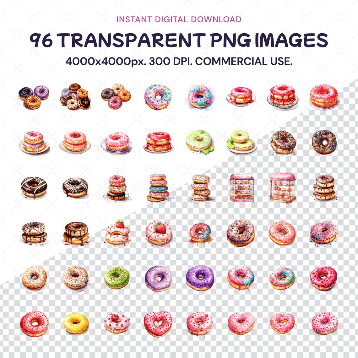 Watercolor Donut Clipart, Glazed Doughnut Transparent PNG Bundle, Sweet ...