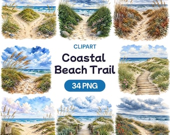 Coastal Beach Trail Clipart Bundle, Seaside Path PNG Graphics